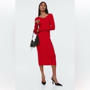 H&M Red Knit Long Sleeve Midi Bodycon Dress